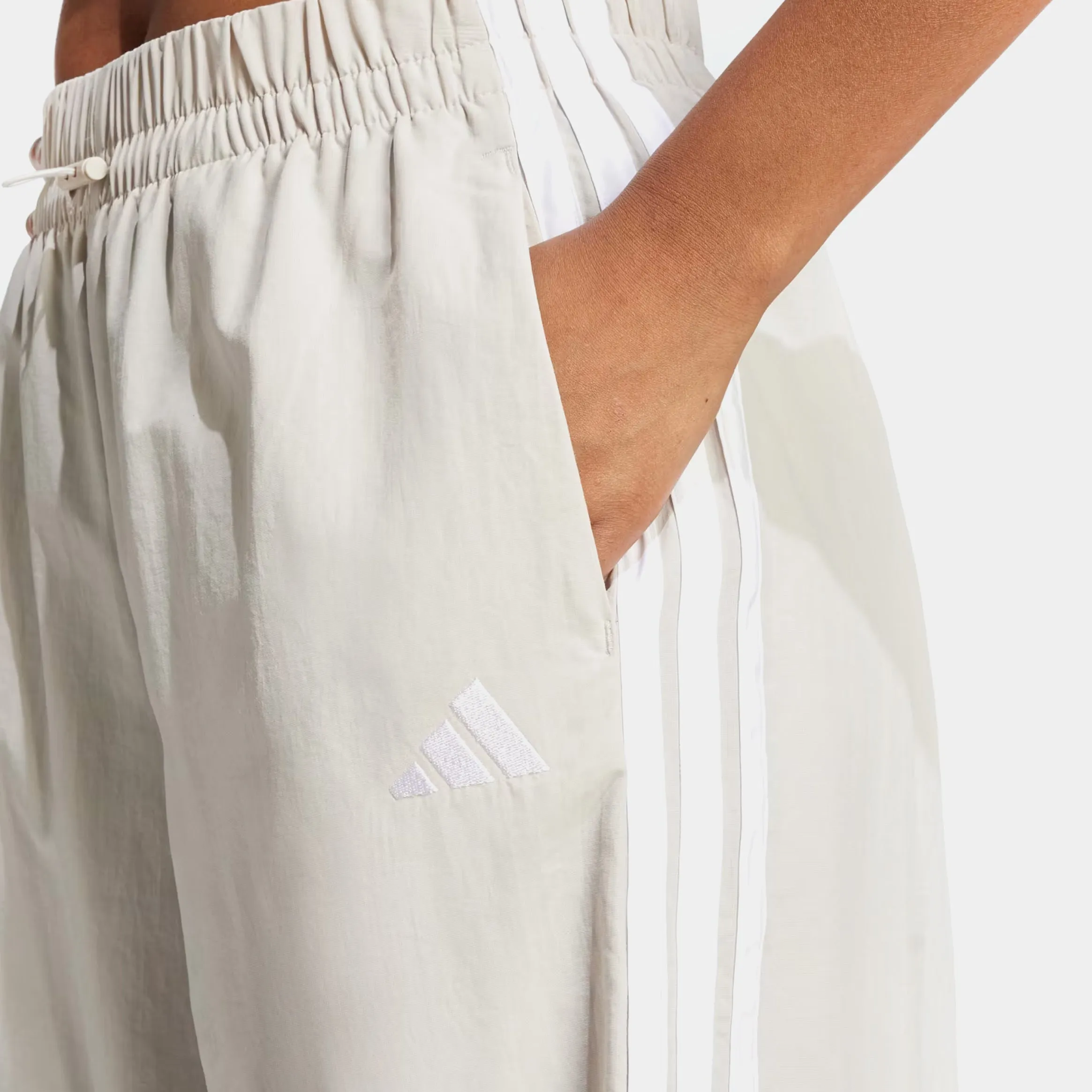 3 Stripes Woven Parachute Womens Pants (Beige/White) Non Restrictive Fit Versatile Fit