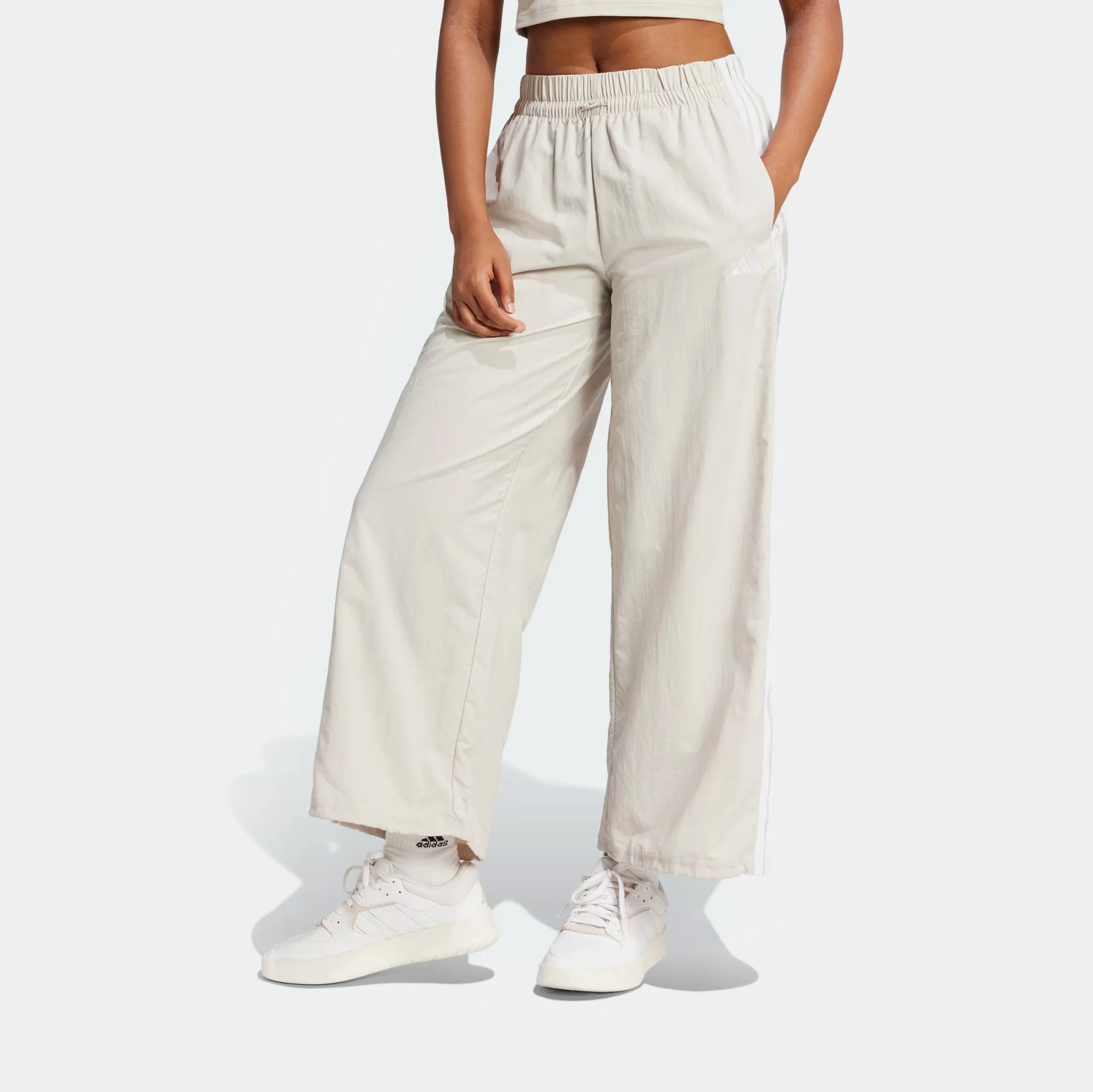 3 Stripes Woven Parachute Womens Pants (Beige/White) Modern Fit Layering Comfort