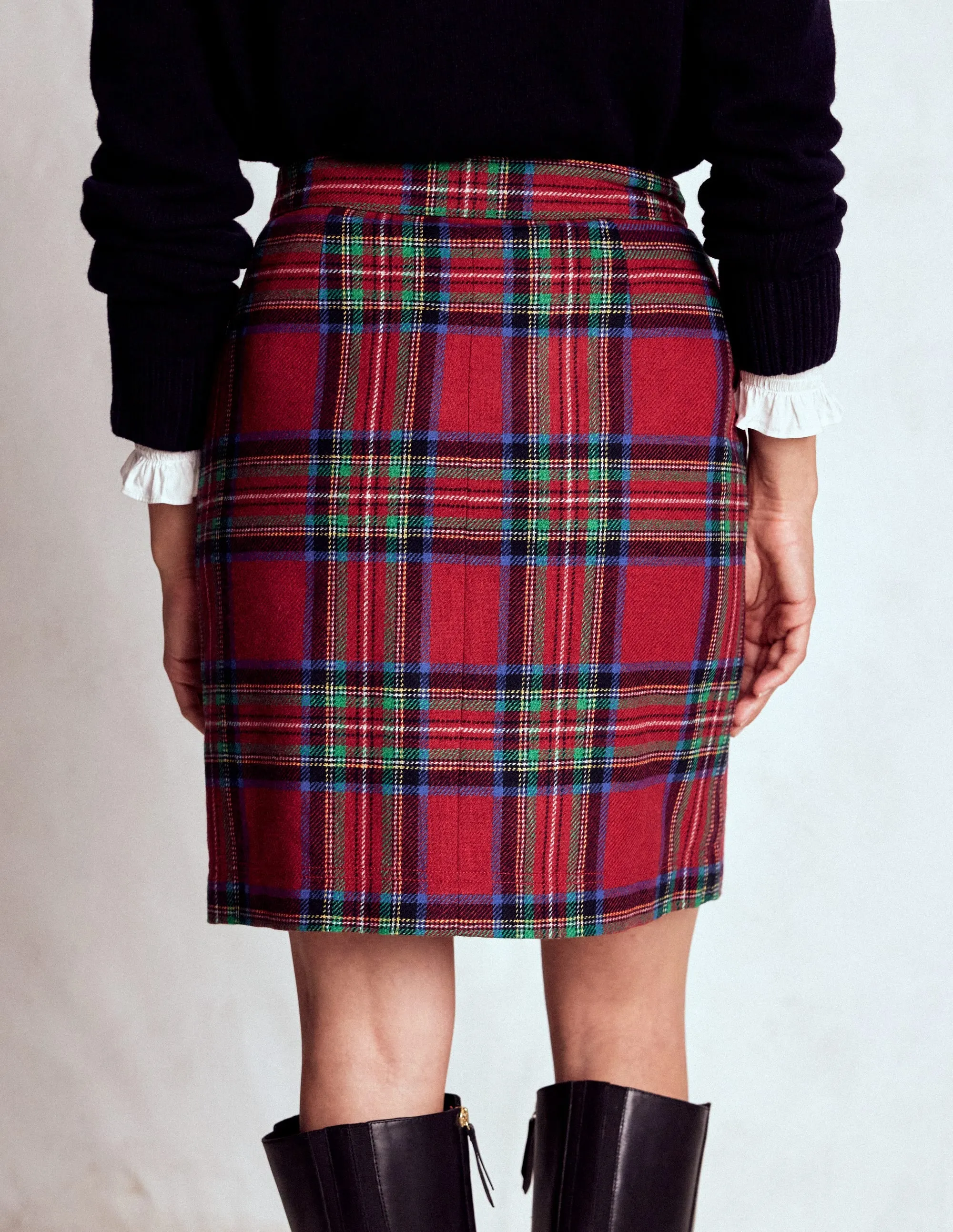 Cecelia Wool Skirt-Red, Blue and Green Check Hip Skimming