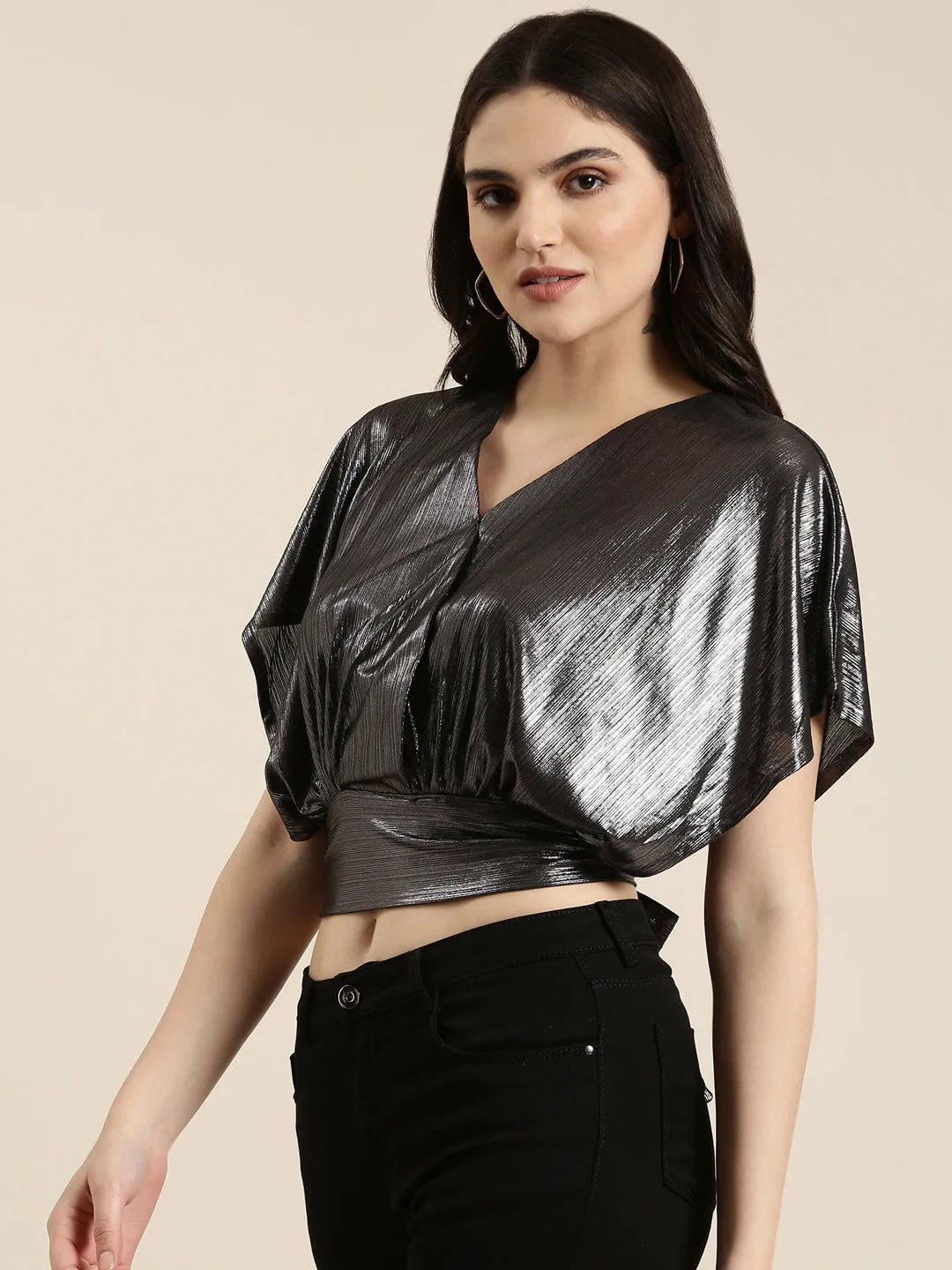 Women's Metallic Extended Sleeves Styled Back Crop Top Seasonal Outfit