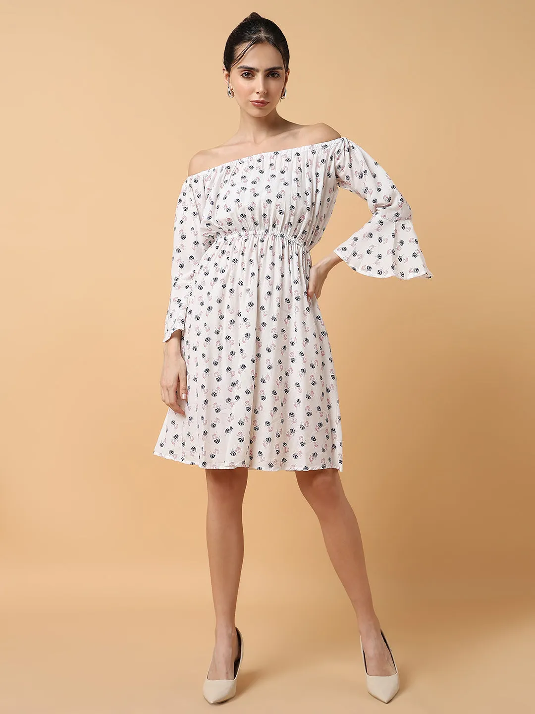 Women's White Blue Off-Shoulder Crepe Dress Classic Edge Cozy Silhouette