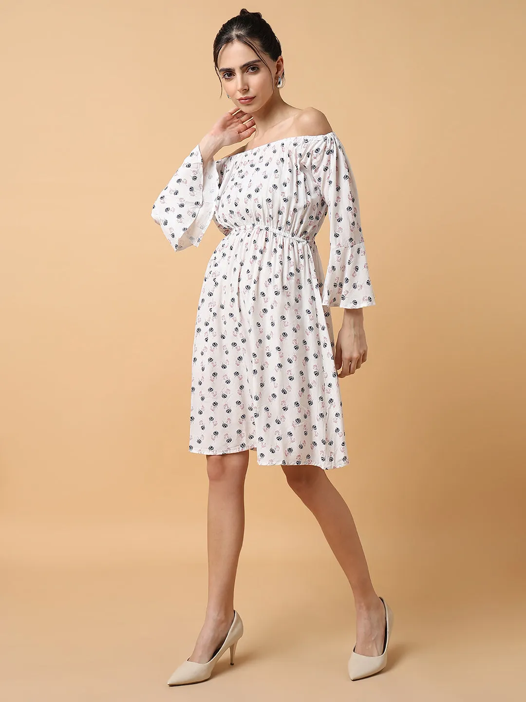 Women's White Blue Off-Shoulder Crepe Dress Resort Outfit