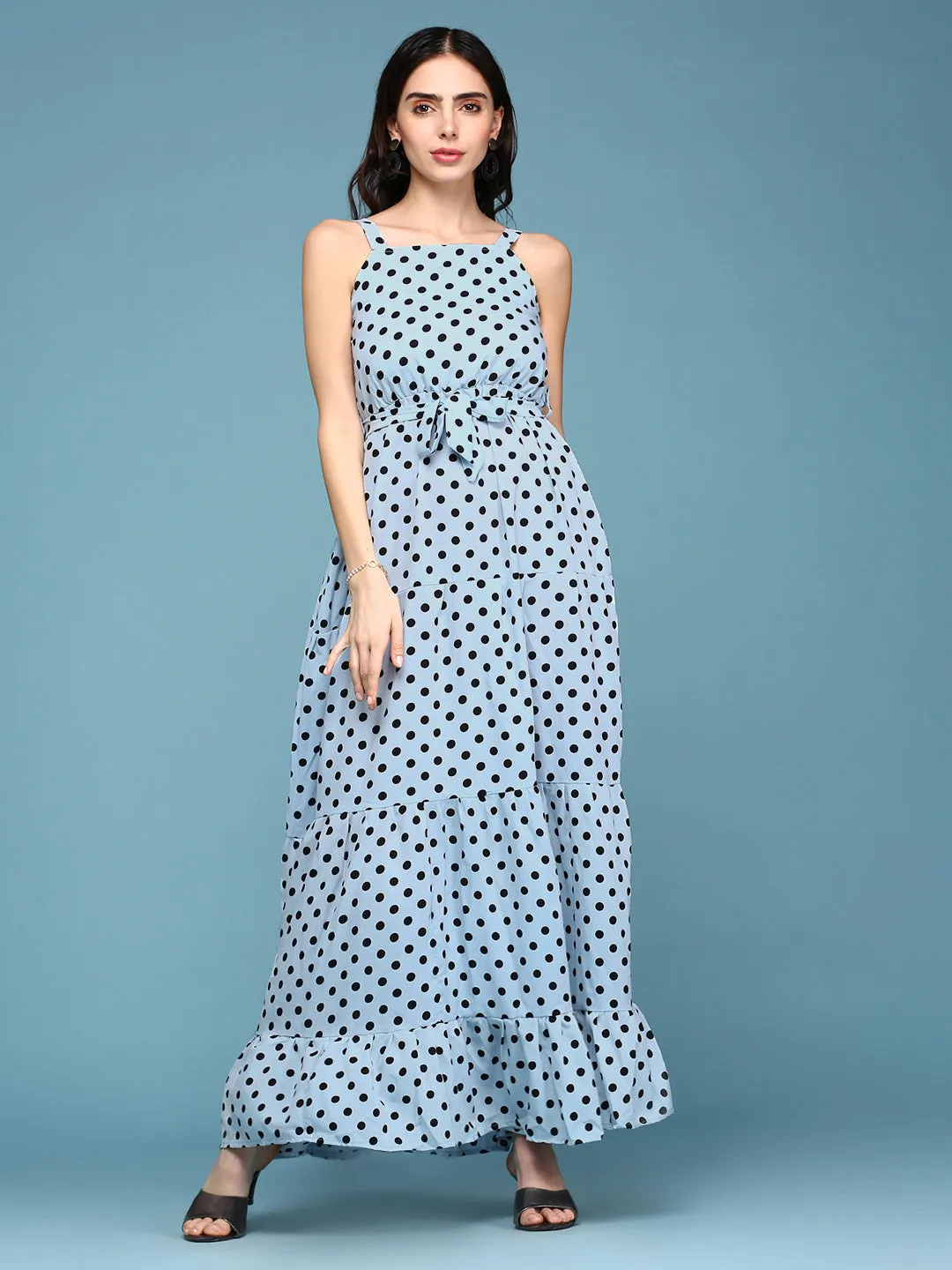 Women's Blue Polka Dots Printed Fit and Flare Maxi Dress Slender Look Soft Glide