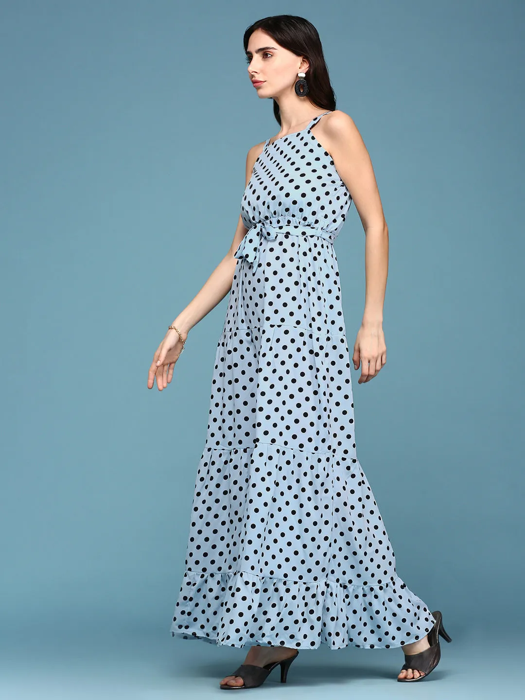 Piped-Edge Satin Layers Women's Blue Polka Dots Printed Fit and Flare Maxi Dress