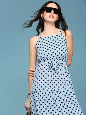 Love Energy Women's Blue Polka Dots Printed Fit and Flare Maxi Dress