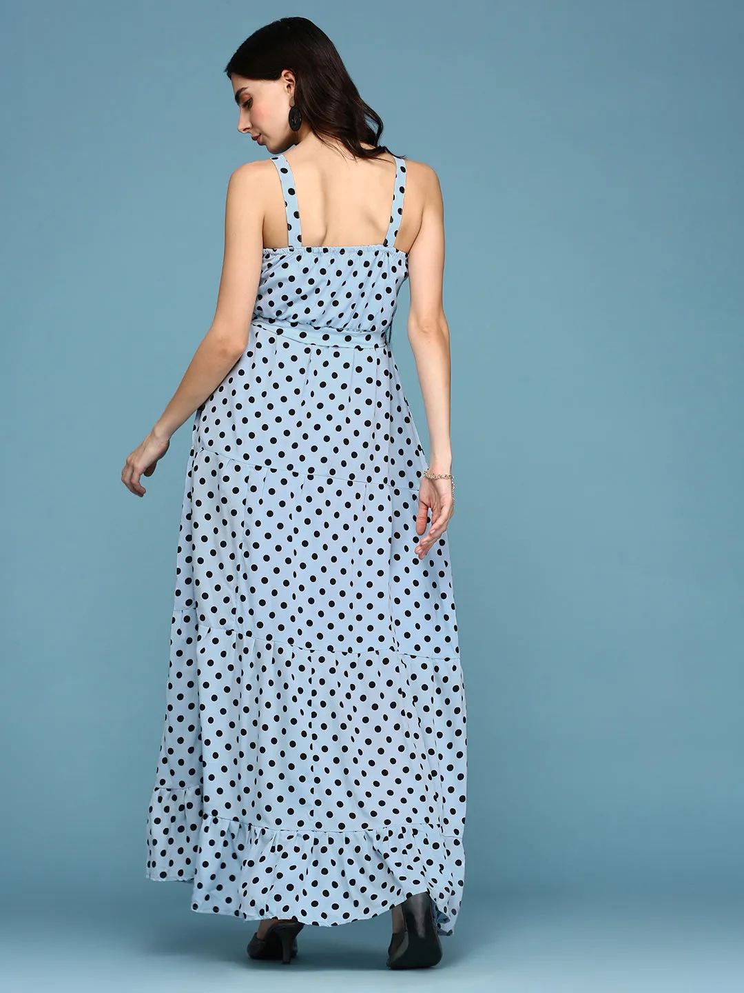 Women's Blue Polka Dots Printed Fit and Flare Maxi Dress Silky-Feel Chic Direction