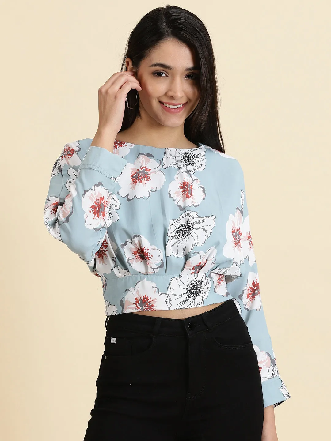 Women's Blue Floral Printed Extended Sleeves Styled Back Crop Blouson Top Casual Everyday