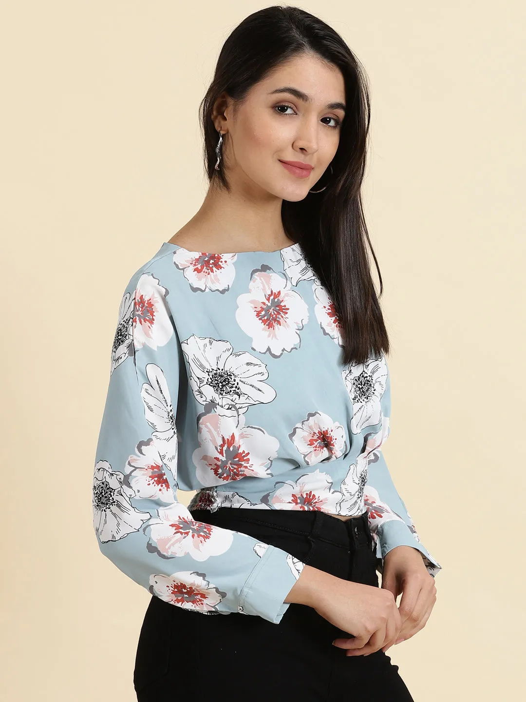 Timeless Design Bold Design Women's Blue Floral Printed Extended Sleeves Styled Back Crop Blouson Top