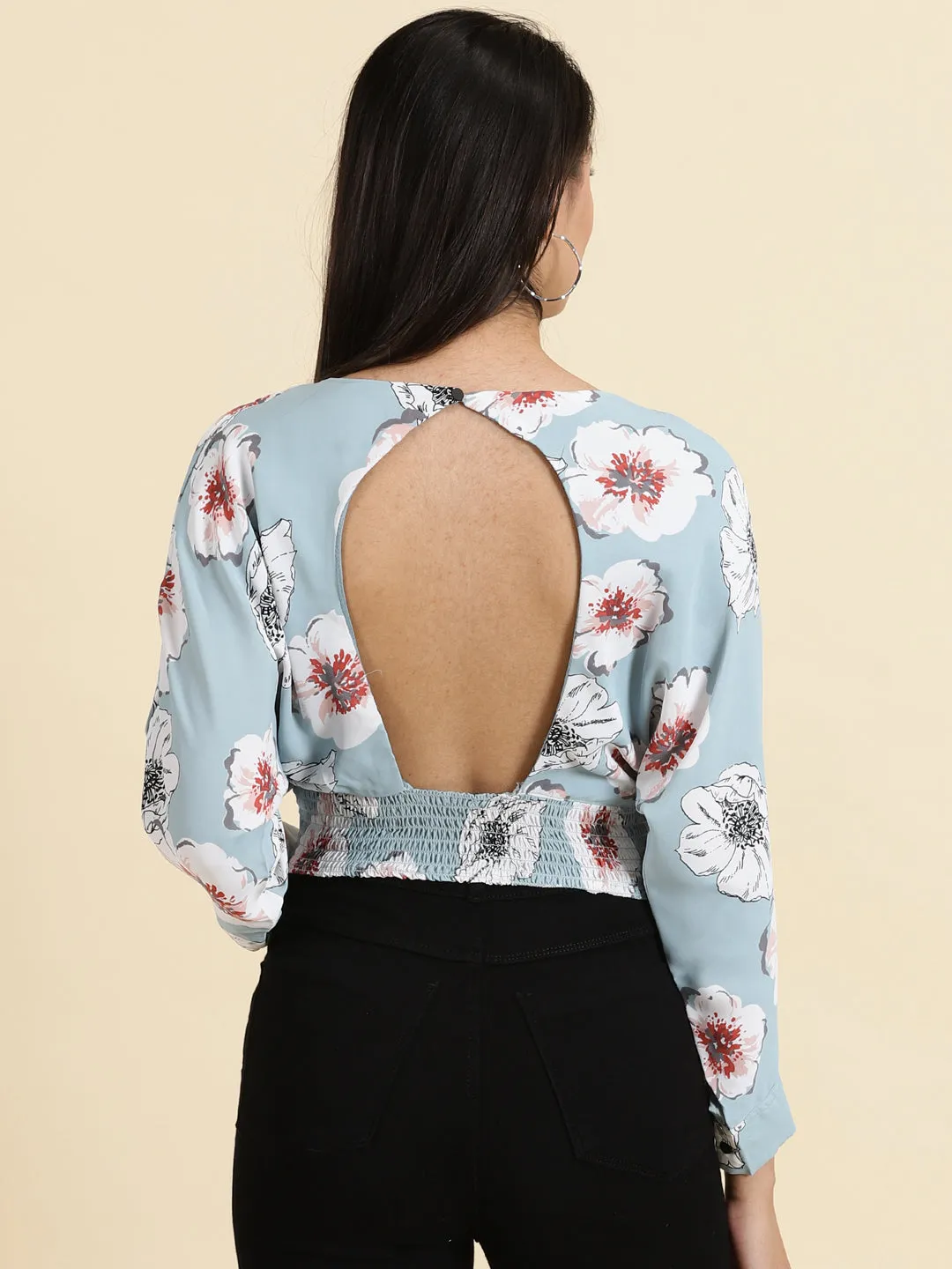 casual outing Versatile Style Women's Blue Floral Printed Extended Sleeves Styled Back Crop Blouson Top