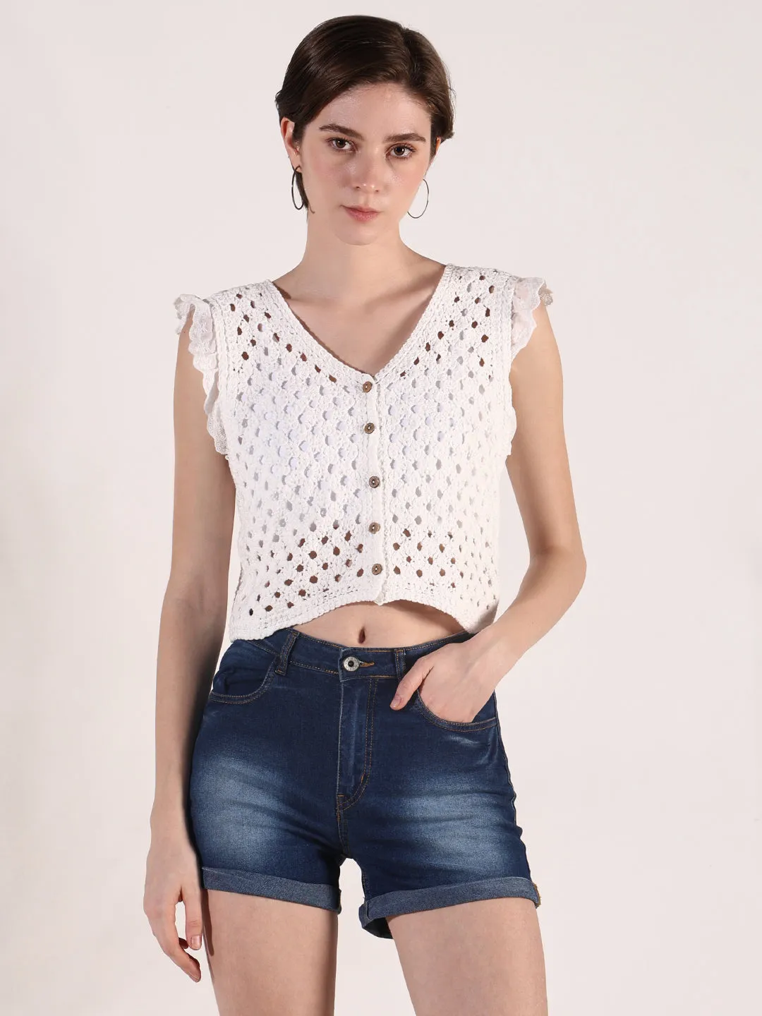 Women's Off White Flutter Sleeve Crochet Crop Top Minimalist Stitching