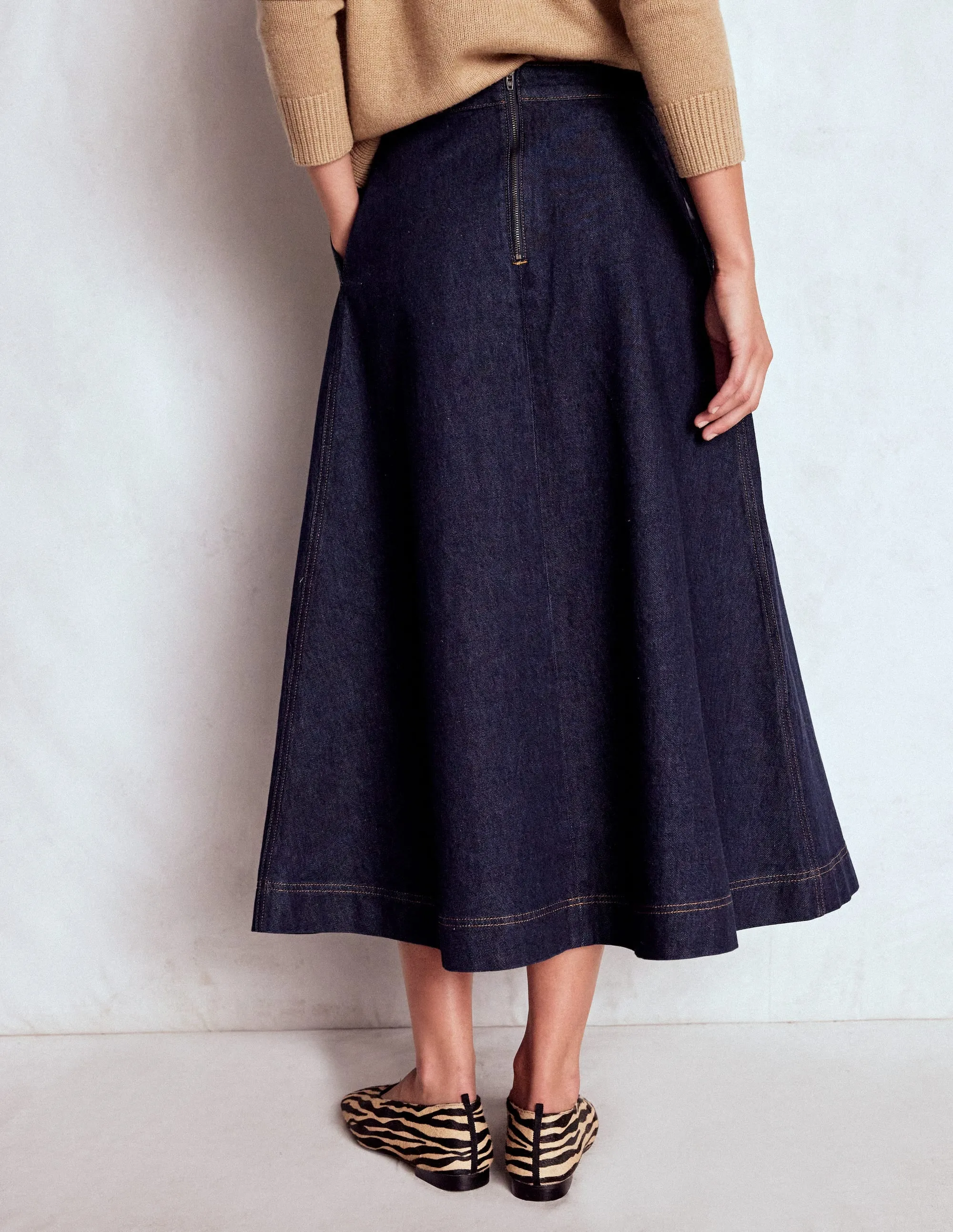Pastel tone Elegant Look Verity Denim Midi Skirt-Indigo