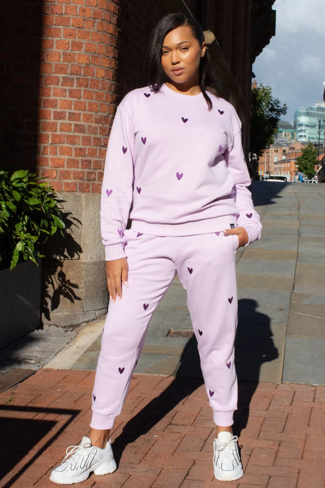 O&F Heart Embroidered Joggers - Lilac Chilly Weather Comfortable Layers