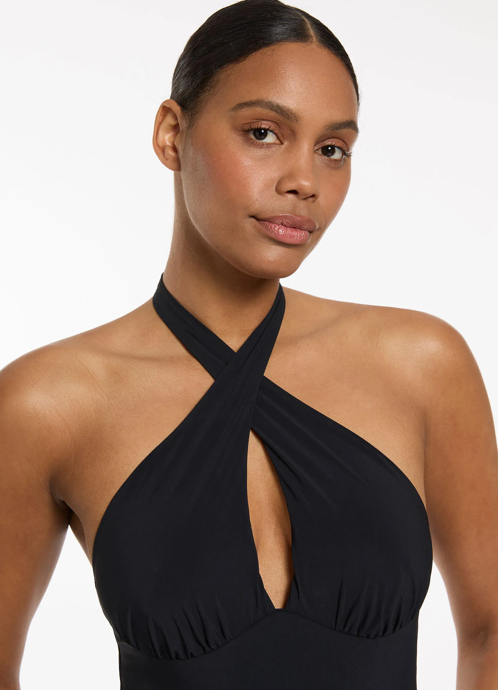 Jetset Cross Over Halter One Piece - Black Convertible Strap System High Neck Cut