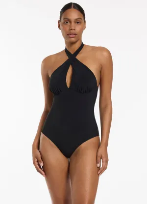 Compression Fit Design Jetset Cross Over Halter One Piece - Black