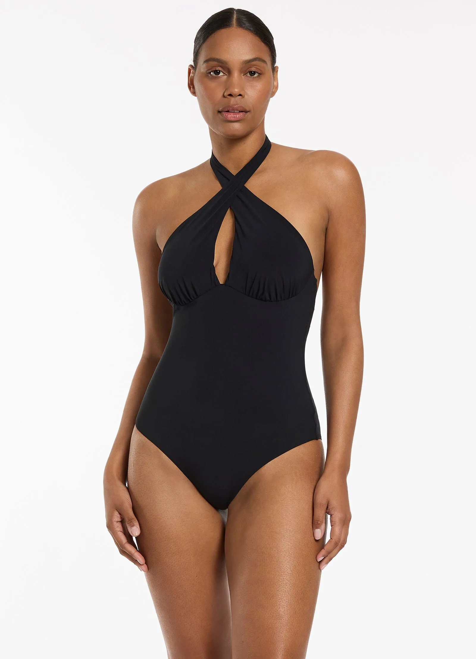 Compression Fit Design Jetset Cross Over Halter One Piece - Black