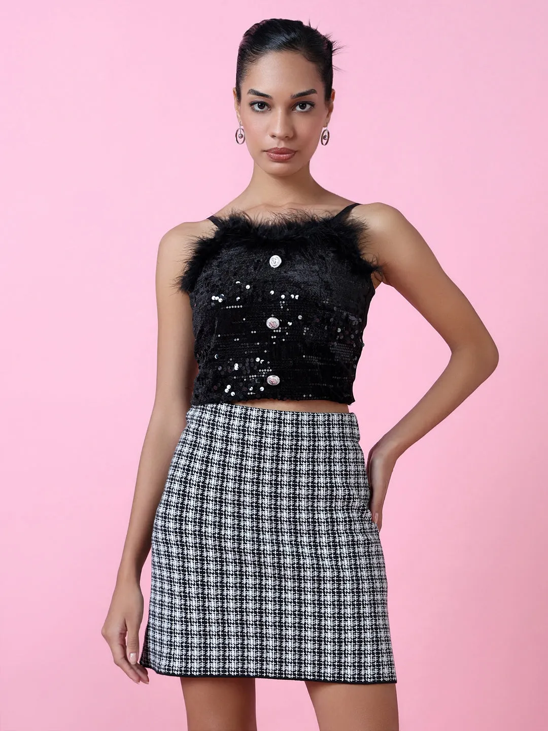 Women's Black Velvet Crop Top Daily Style Trend Light and Cozy