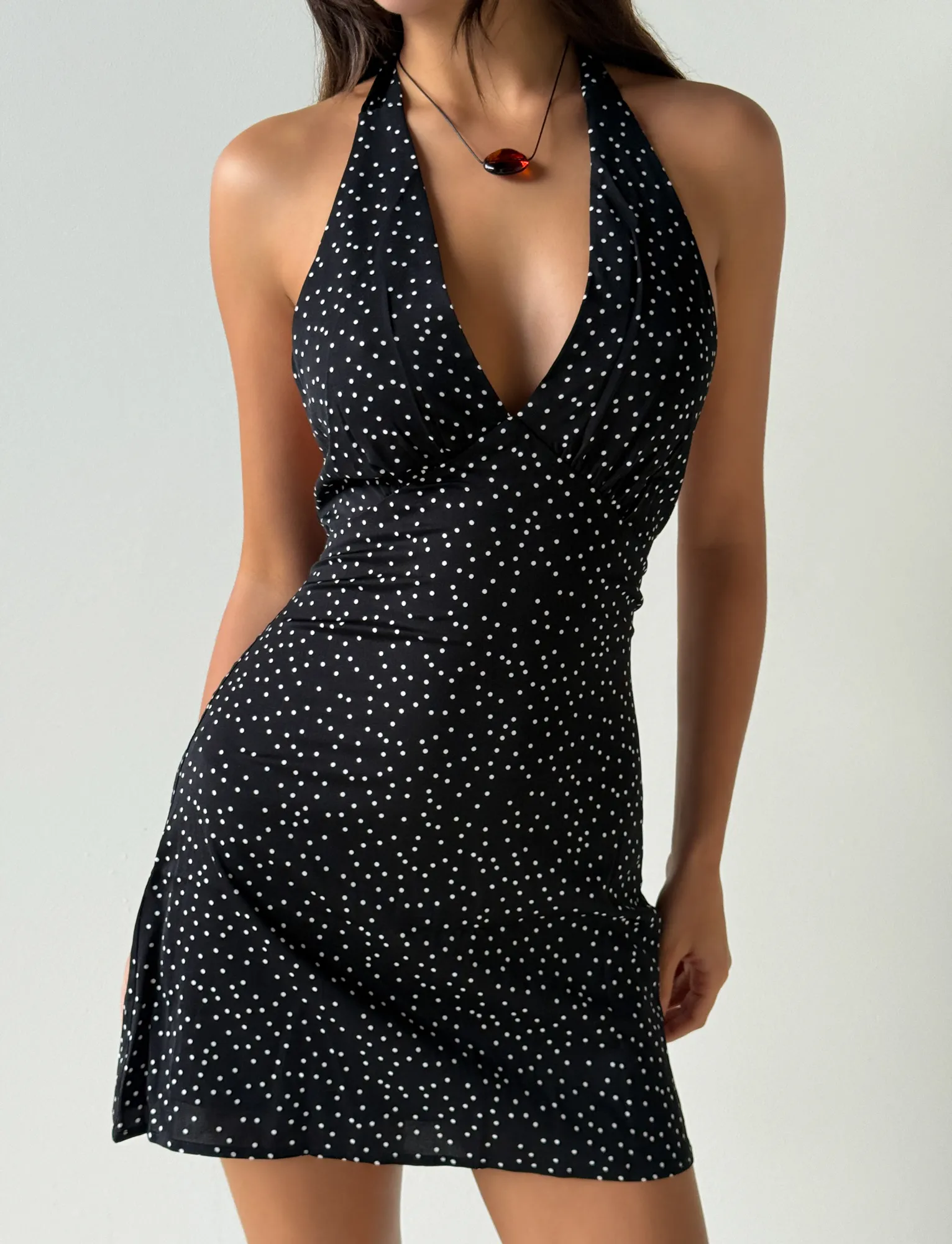 DYLAN HALTER MINI DRESS - BLACK POLKA Knit Warm