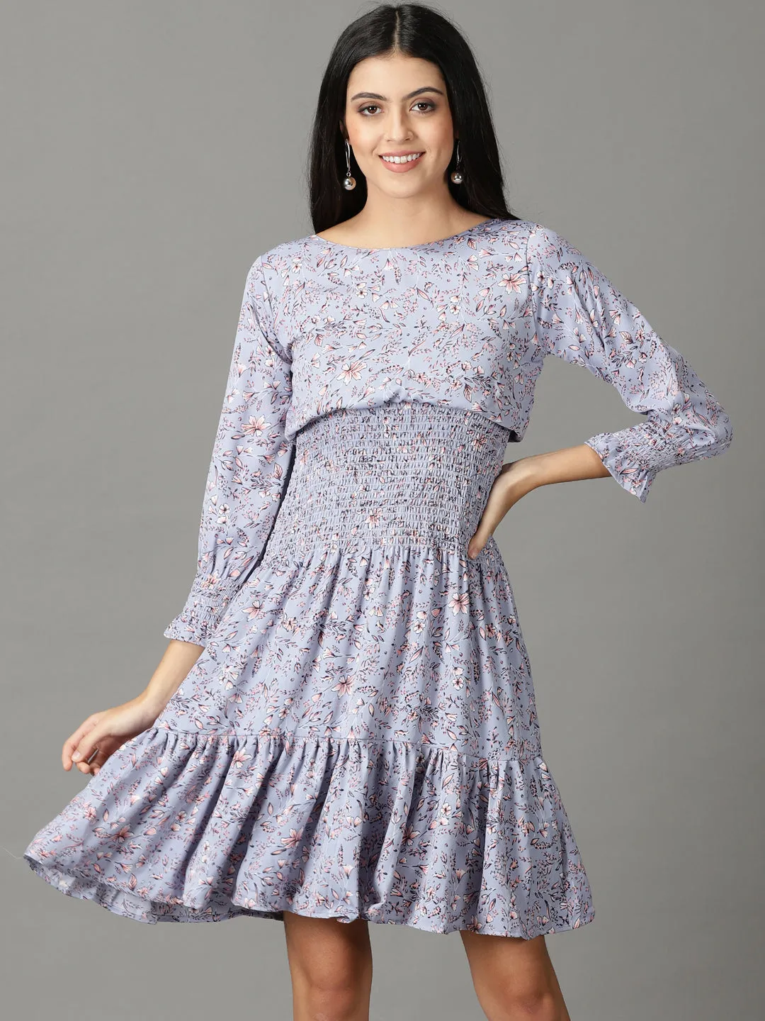 Women's Blue Floral Printed Chiffon Dress Polished Look
