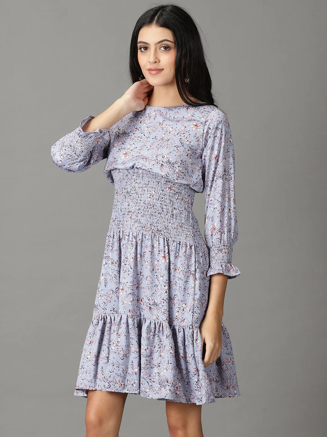 Layered Volume Hot Now Women's Blue Floral Printed Chiffon Dress