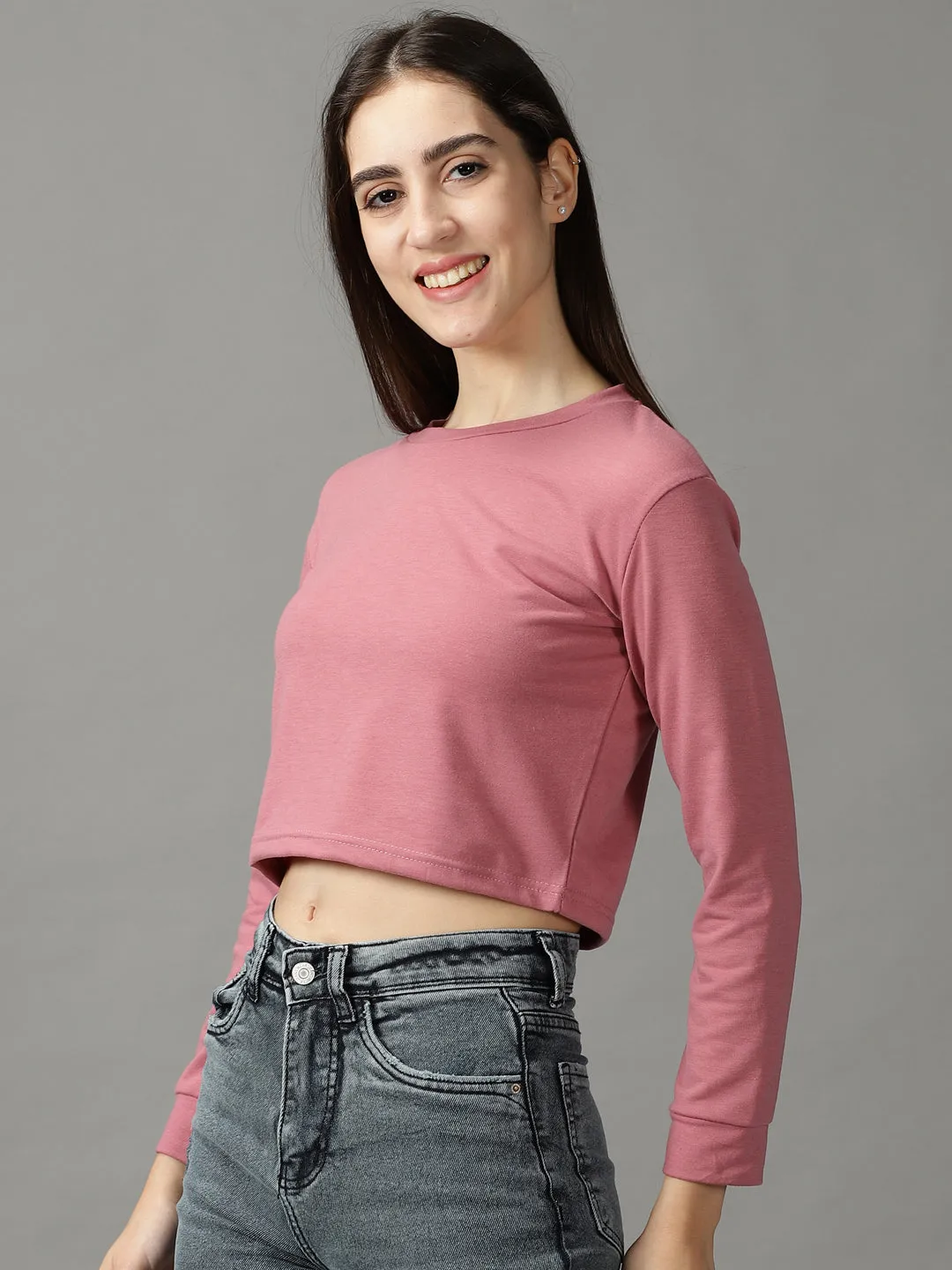 Anti-pilling Everyday Comfort Style Women's Mauve Long Sleeves Crop Top