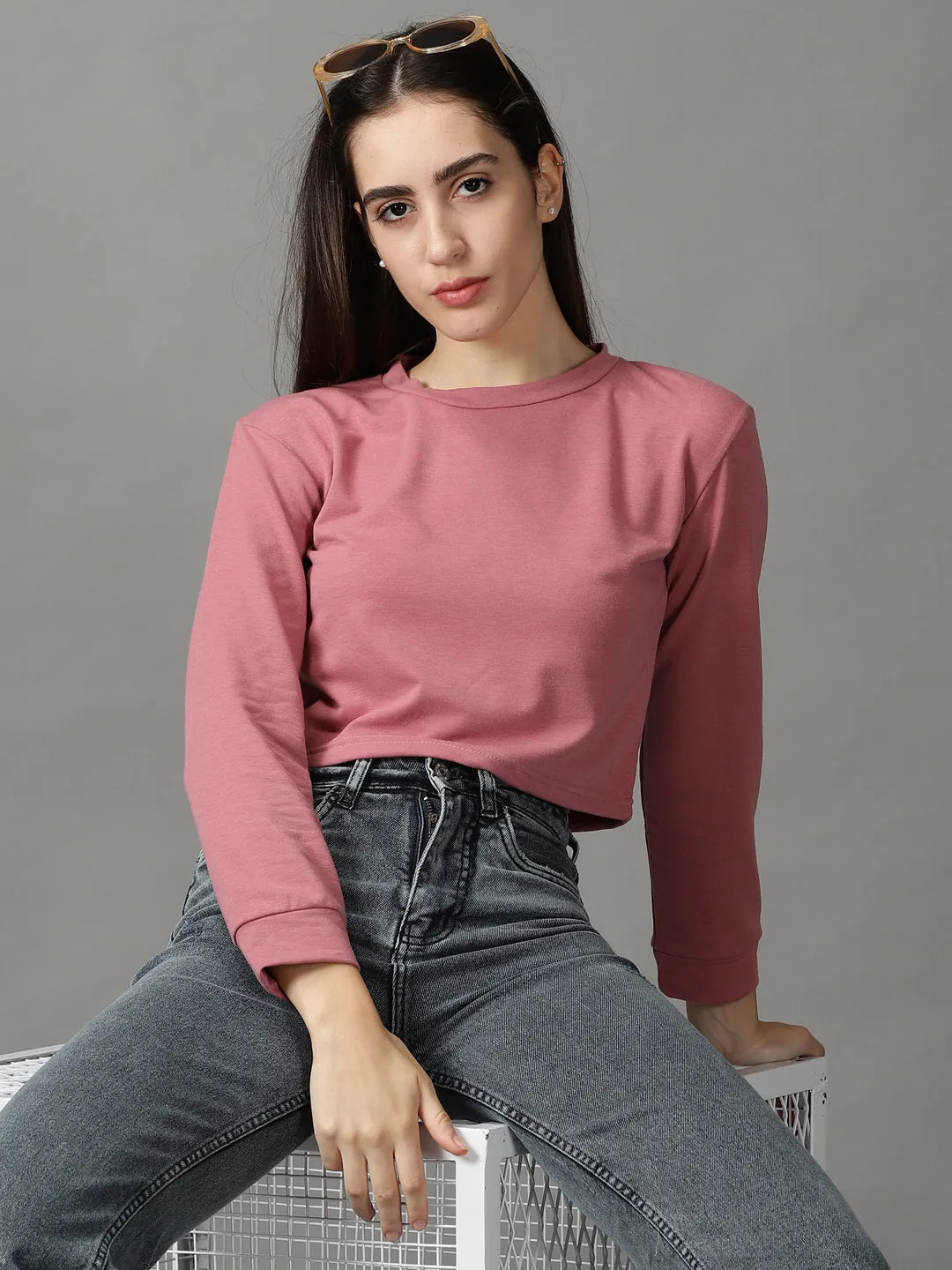 Sporty Vibe Simple and Relaxed Women's Mauve Long Sleeves Crop Top