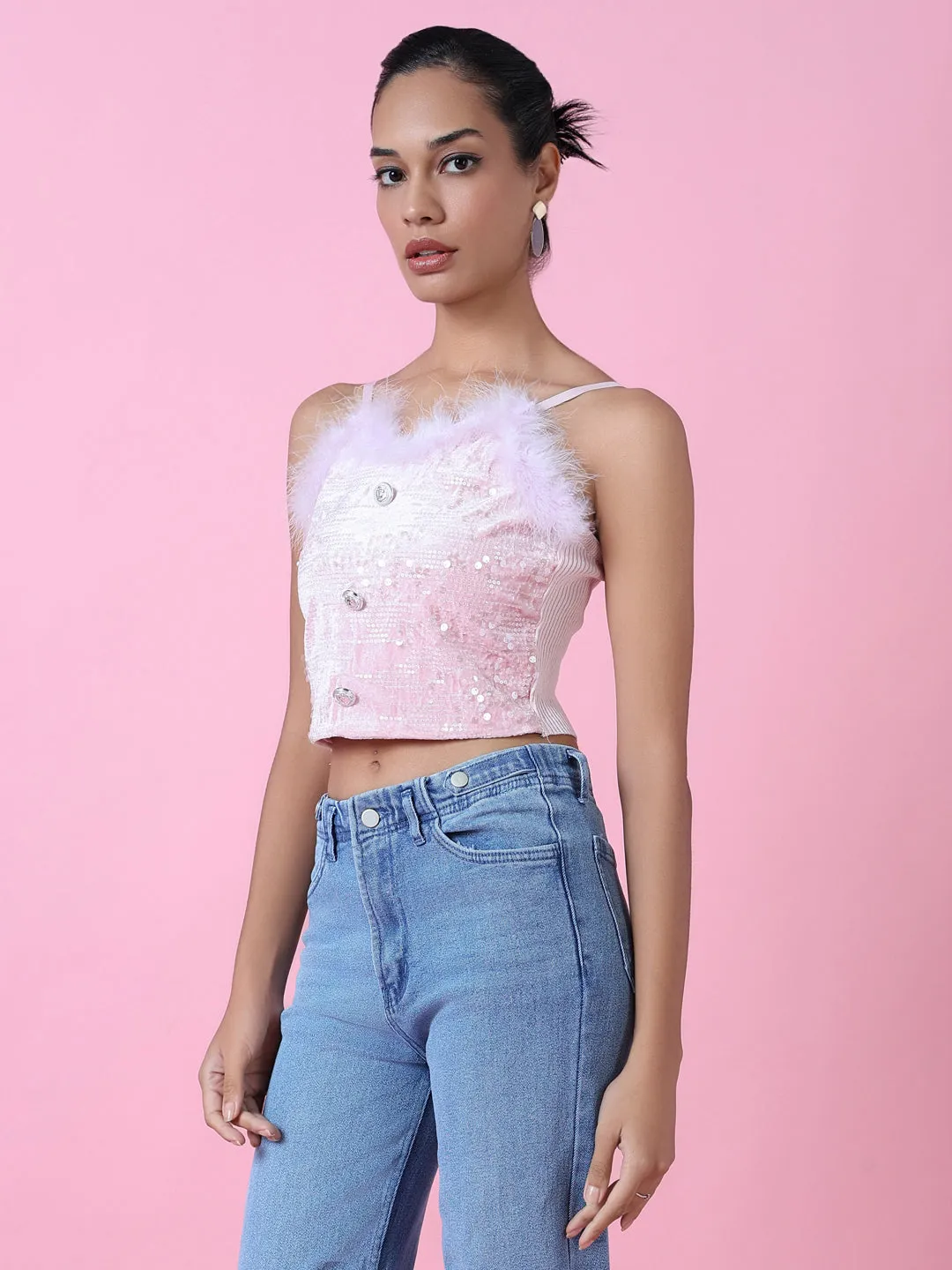 Women's Pink Velvet Crop Top Layering Comfort