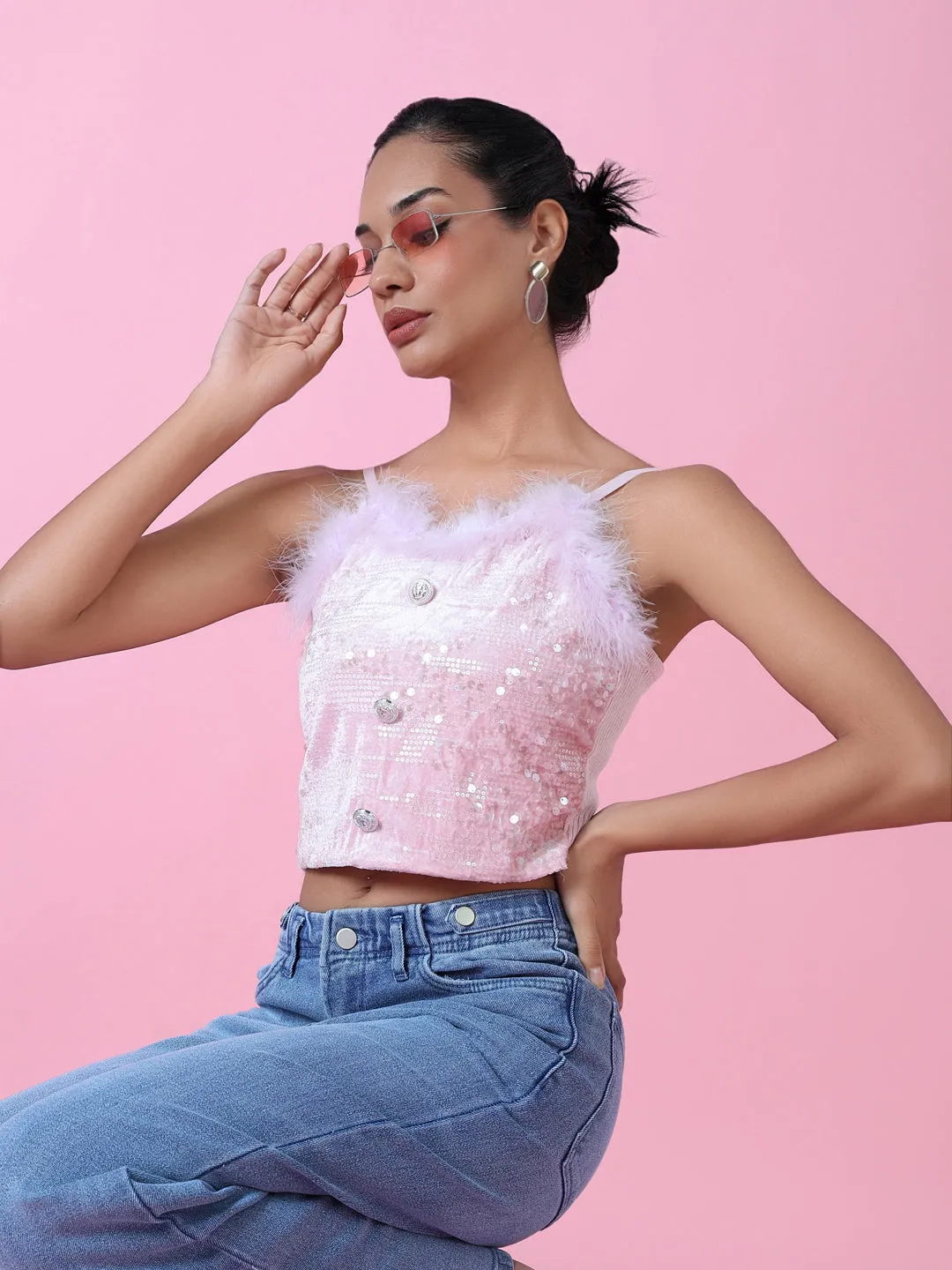 Casual Active Soft touch finish Women's Pink Velvet Crop Top