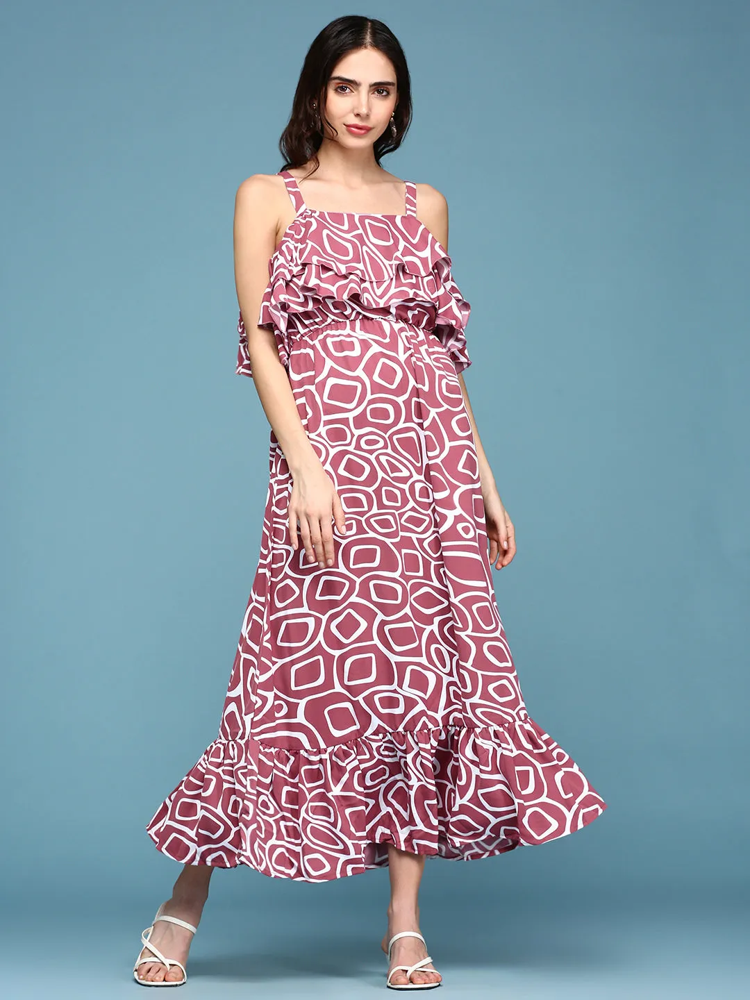 Smooth Feel Women's Pink Printed Crepe Maxi Dress