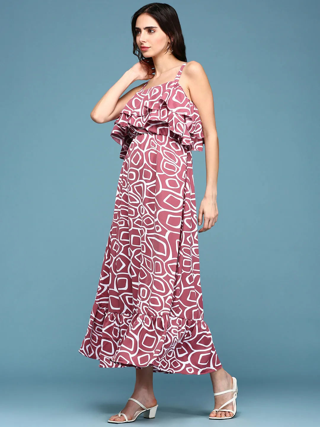 Balanced Shape Women's Pink Printed Crepe Maxi Dress