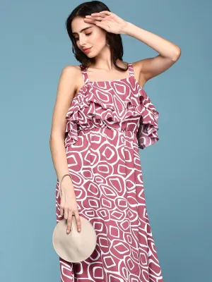 Women's Pink Printed Crepe Maxi Dress Light Aesthetic Button Accent