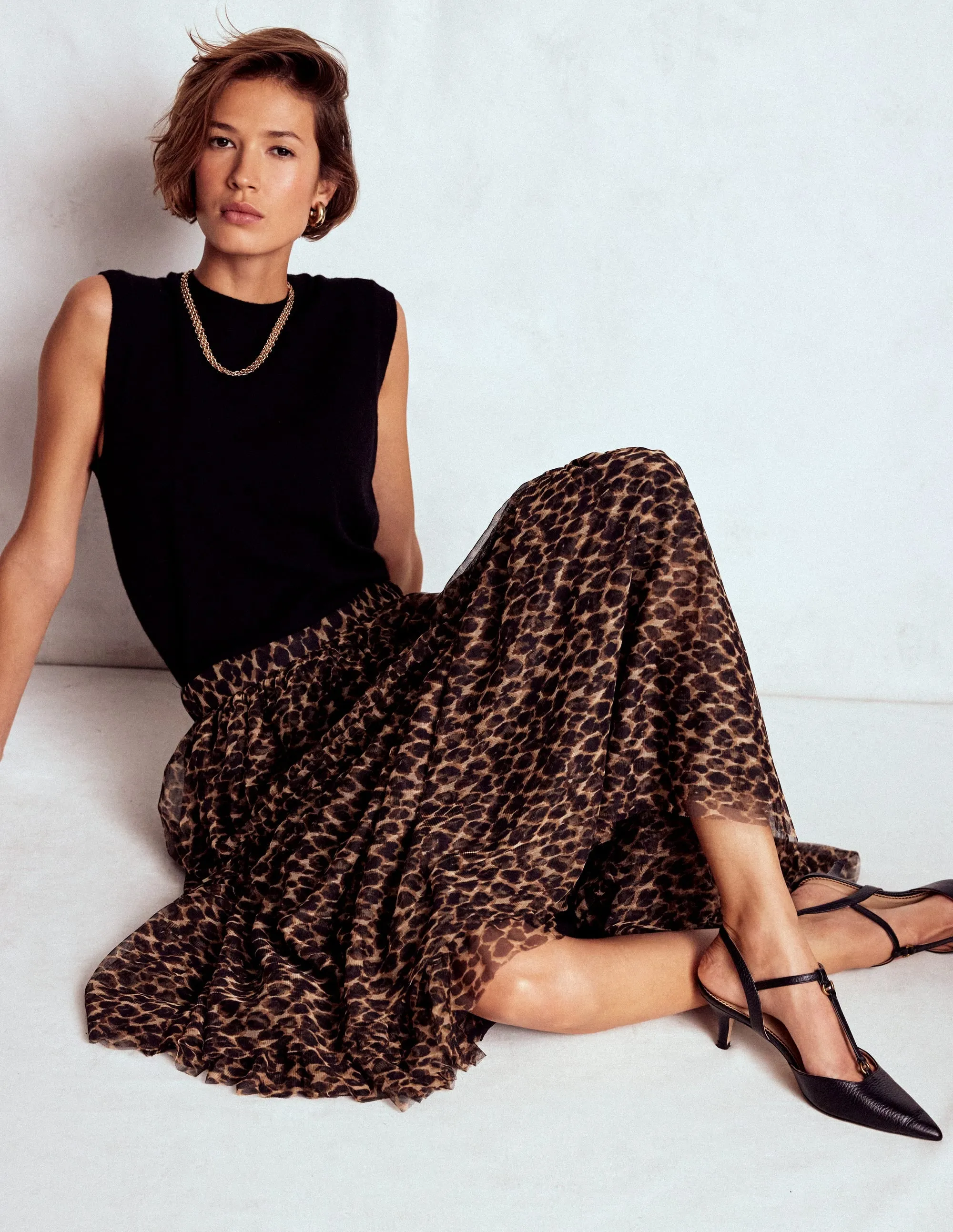 Anna Tulle Midi Skirt-Leopard Light Fabric