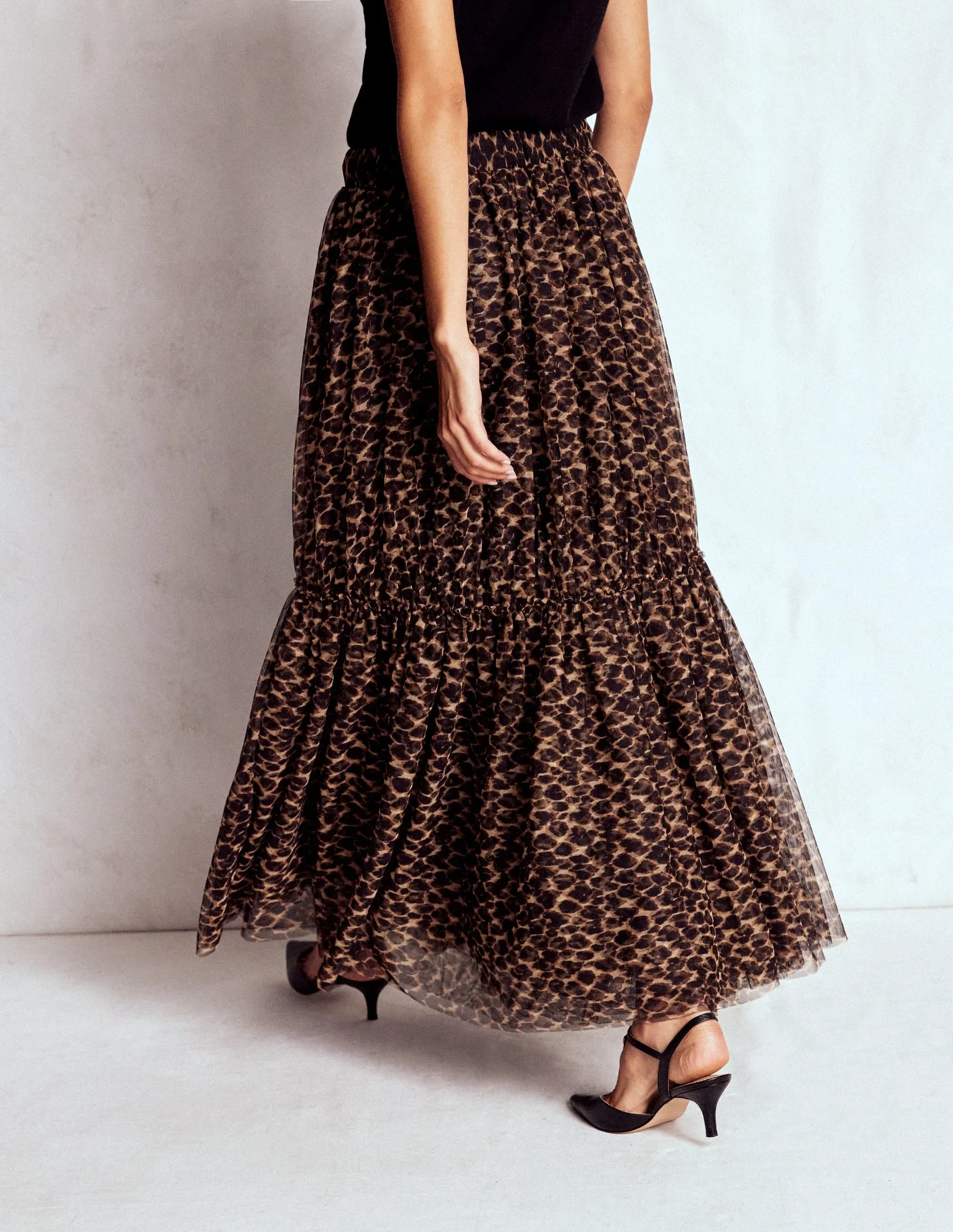 Anna Tulle Midi Skirt-Leopard Button Fastenings