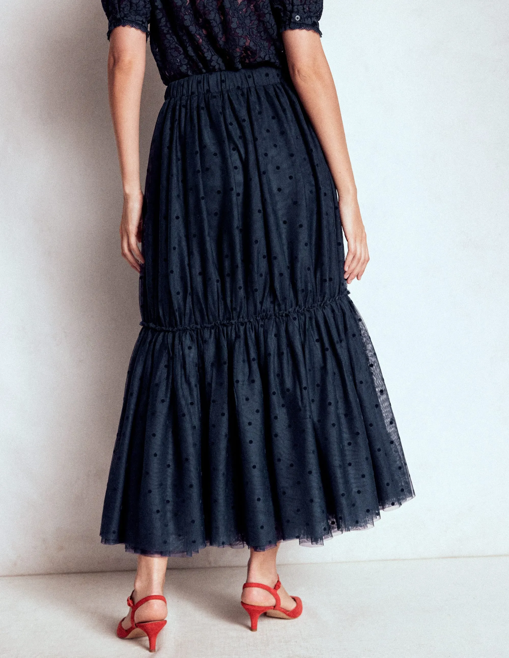 Low Rise Classic Appeal Anna Tulle Midi Skirt-Navy Flocked Spot