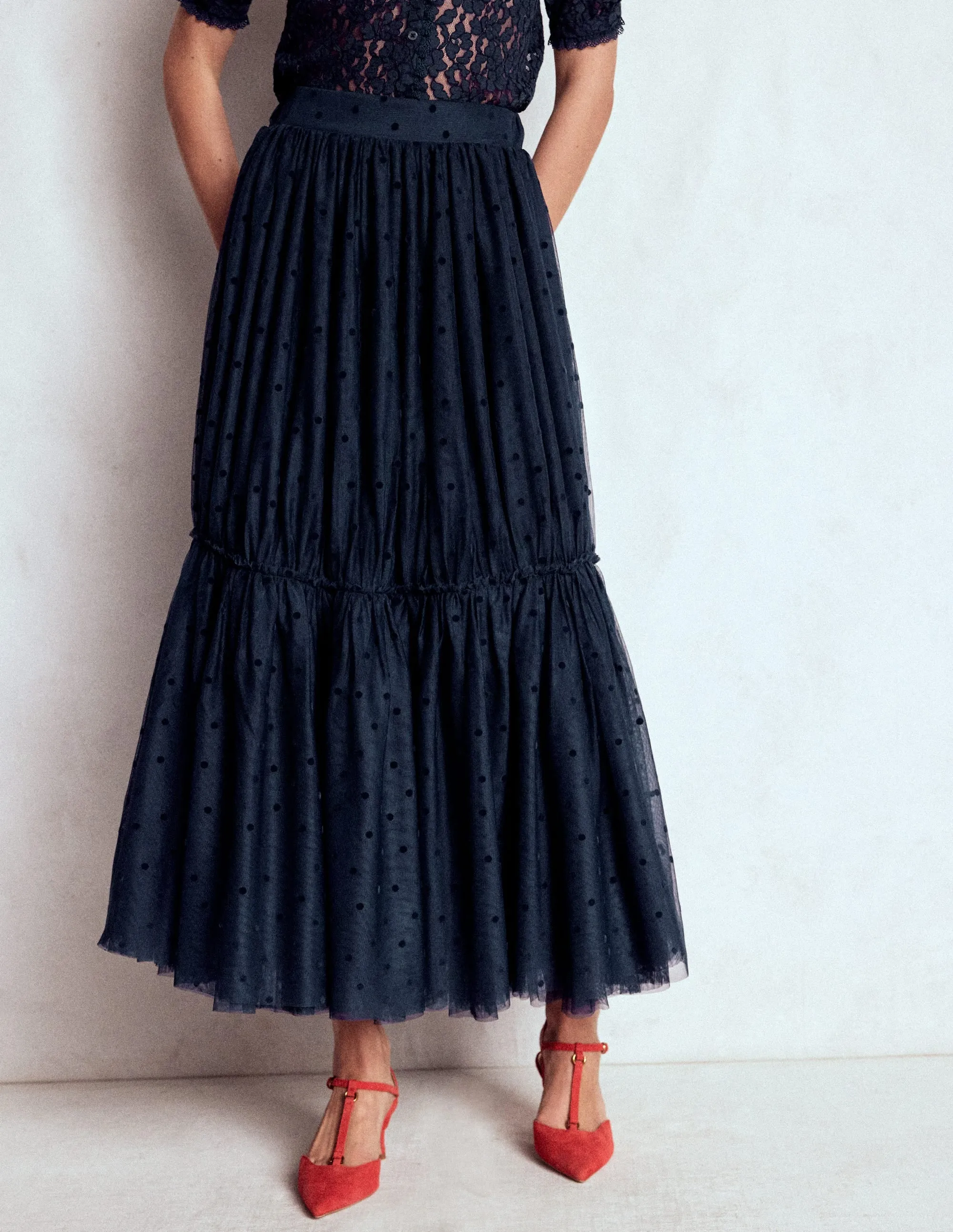 Biodegradable Fabric Anna Tulle Midi Skirt-Navy Flocked Spot