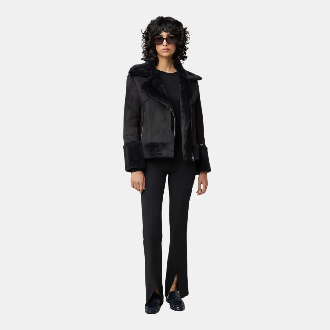 Phoebe Relaxed-Fit Luxe Faux Sherpa Biker Jacket (Black) Durable Corrosion Resistant Zippers