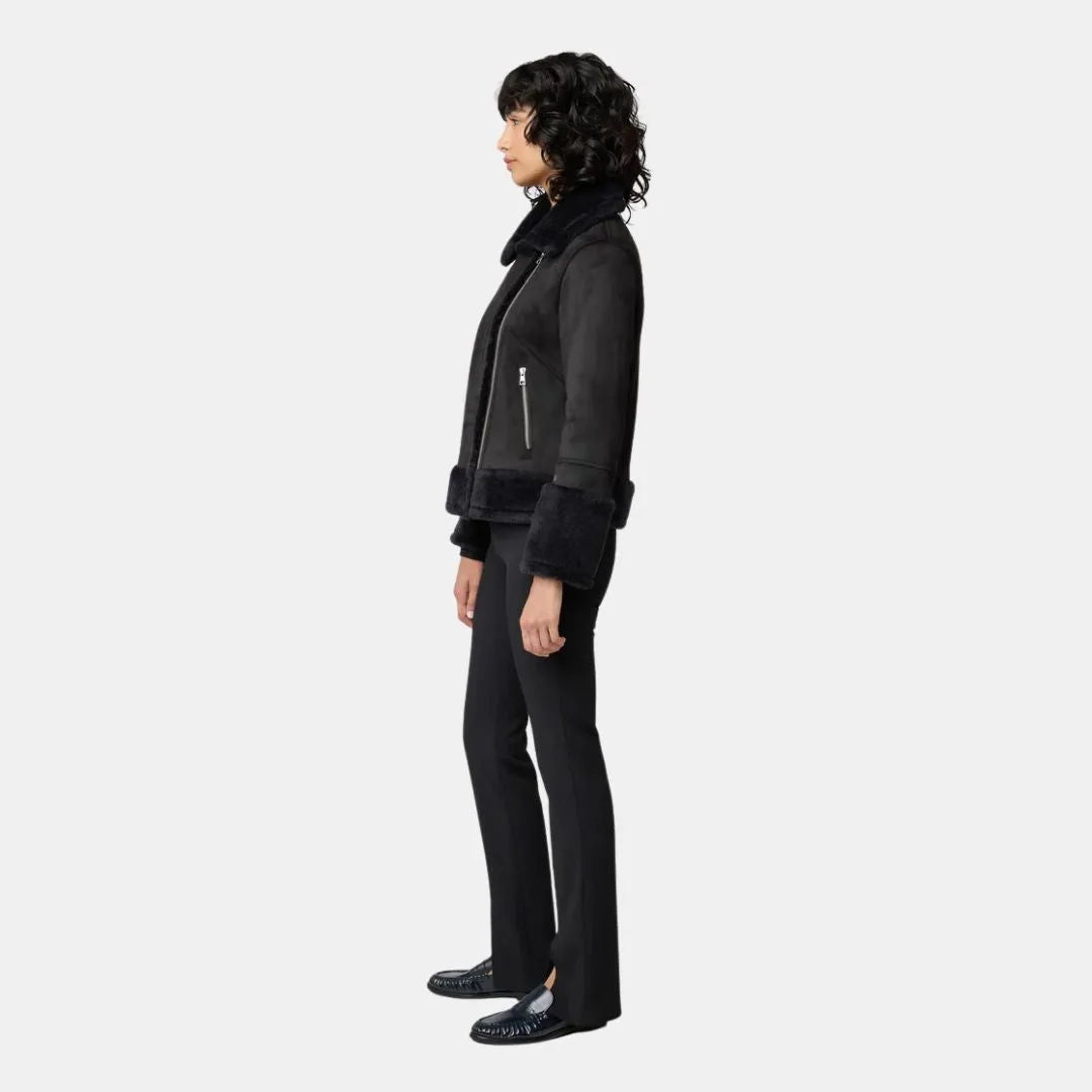 Phoebe Relaxed-Fit Luxe Faux Sherpa Biker Jacket (Black) Classic Zip Up Light Reflectivity Trim
