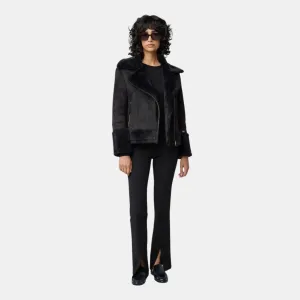 Phoebe Relaxed-Fit Luxe Faux Sherpa Biker Jacket (Black) Durable Corrosion Resistant Zippers