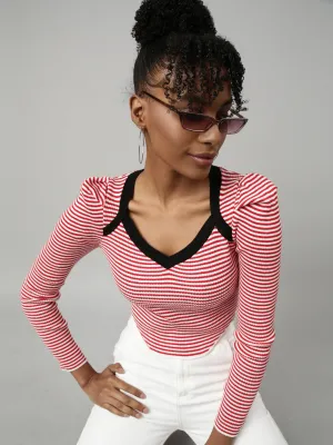Essential Look Comfy Layer Wear Women's Red Striped Sweetheart Neck Puff Sleeve Fitted Crop Top