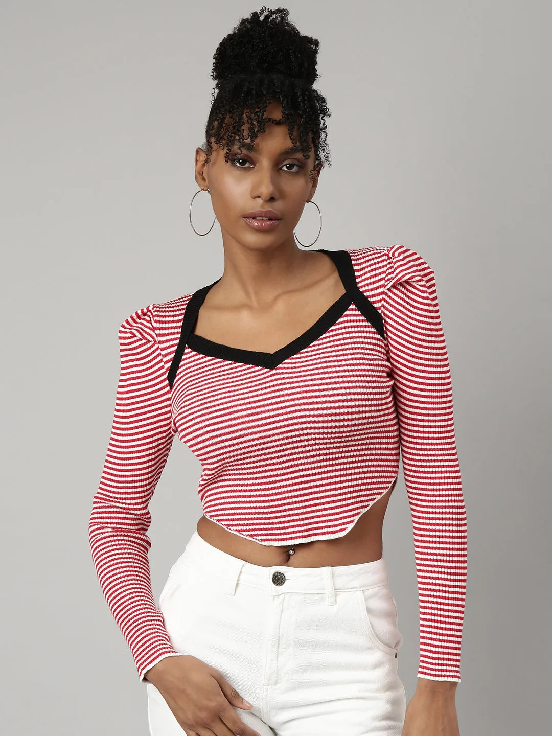 Relaxed Waist Everyday Fashion Look Women's Red Striped Sweetheart Neck Puff Sleeve Fitted Crop Top