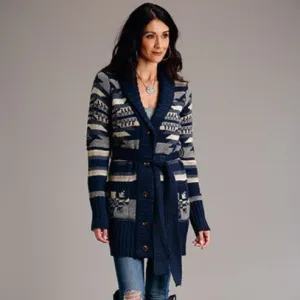 WrinkleResistant Yarn Reinforced Hem Stetson Women's Belted Aztec Blue Sweater