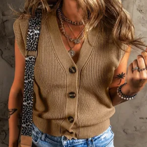 BreathableKnit Fabric Women's V-Neck Button Front Sweater Vest in Parchment