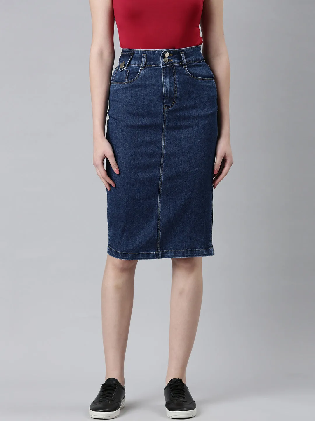 High Street Chic Women's Blue Denim Knee-Length Pencil Skirt