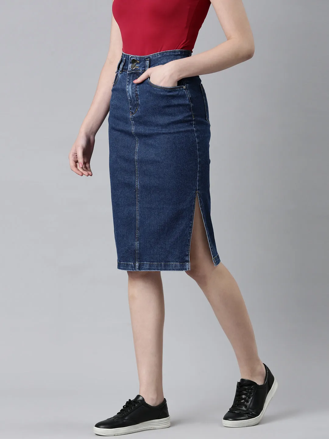 Women's Blue Denim Knee-Length Pencil Skirt Reinforced Hemline Winter Layering