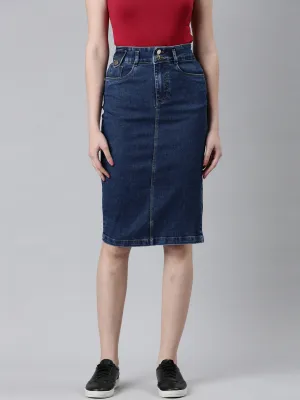 High Street Chic Women's Blue Denim Knee-Length Pencil Skirt
