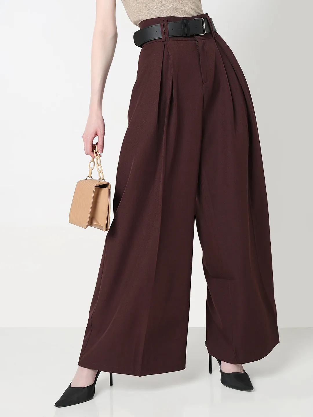 Women's Coffee Brown Wide Leg Trousers with Belt Trendy Vibe Light Waist