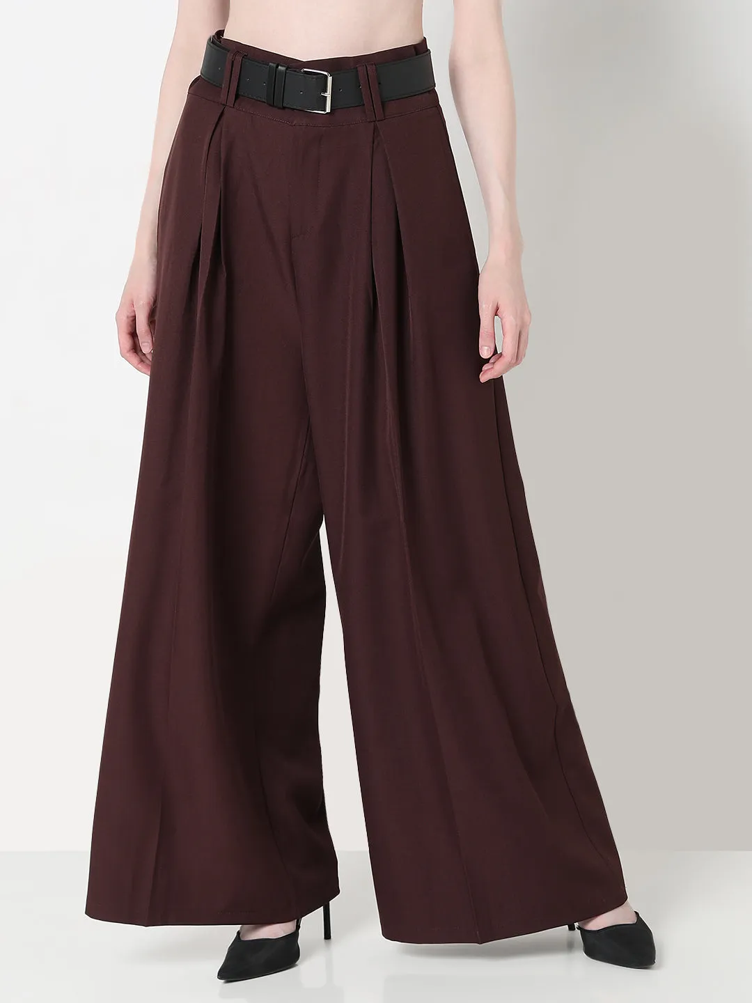 Lined interior Women's Coffee Brown Wide Leg Trousers with Belt