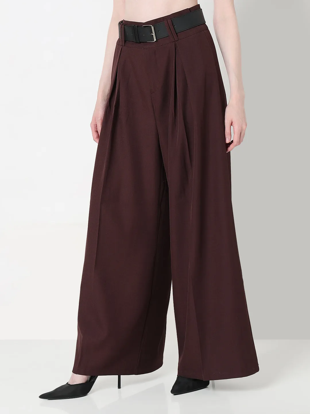Women's Coffee Brown Wide Leg Trousers with Belt Casual Fit Design Urban Style
