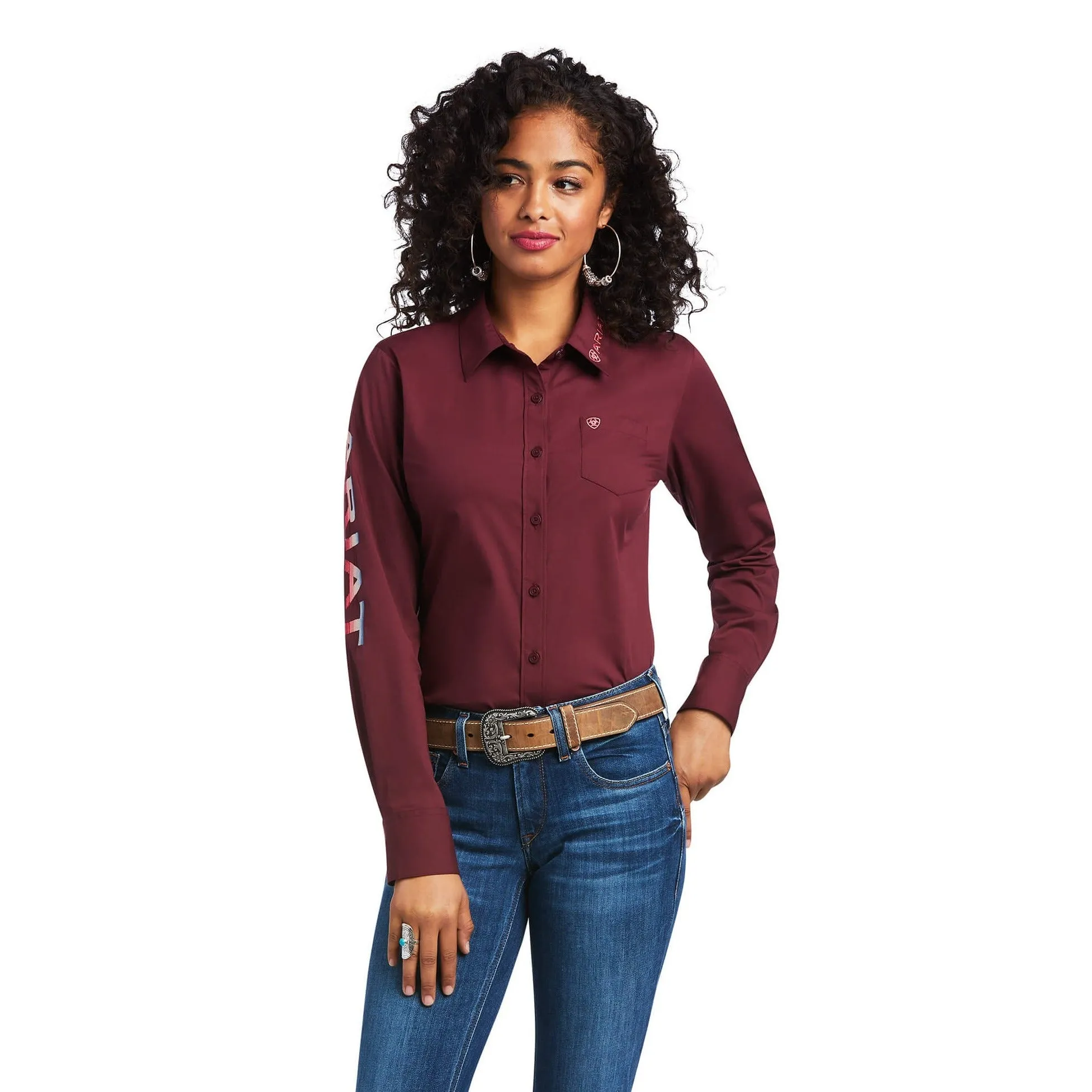 Active Essentials Versatile Fit Ariat Women's Kirby Long Sleeve Dark Red Button Down Shirt (Regular and Plus Sizes)
