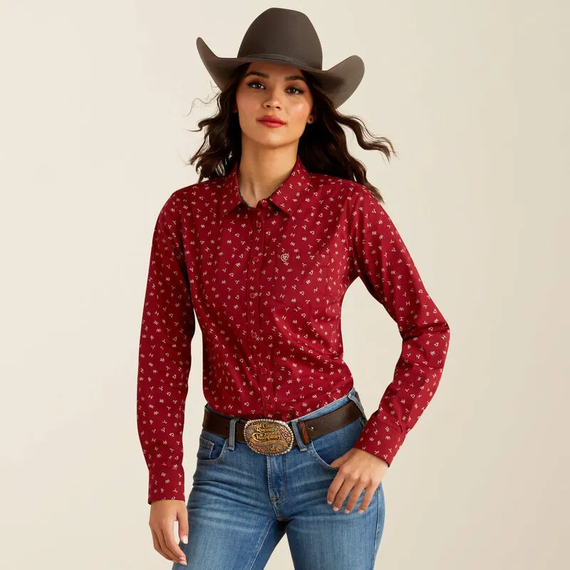 Ariat Women's Kirby Stretch L/S Western Button Down Shirt in Red Cattle Brand Versatile Design TexturedWeavePattern