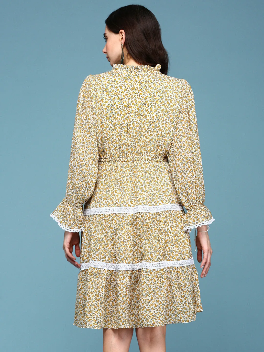 Timeless Wear Smart Layering Women's Yellow Floral Printed Tie-Up Neck Lace-Inserts Tiered A-Line Dress